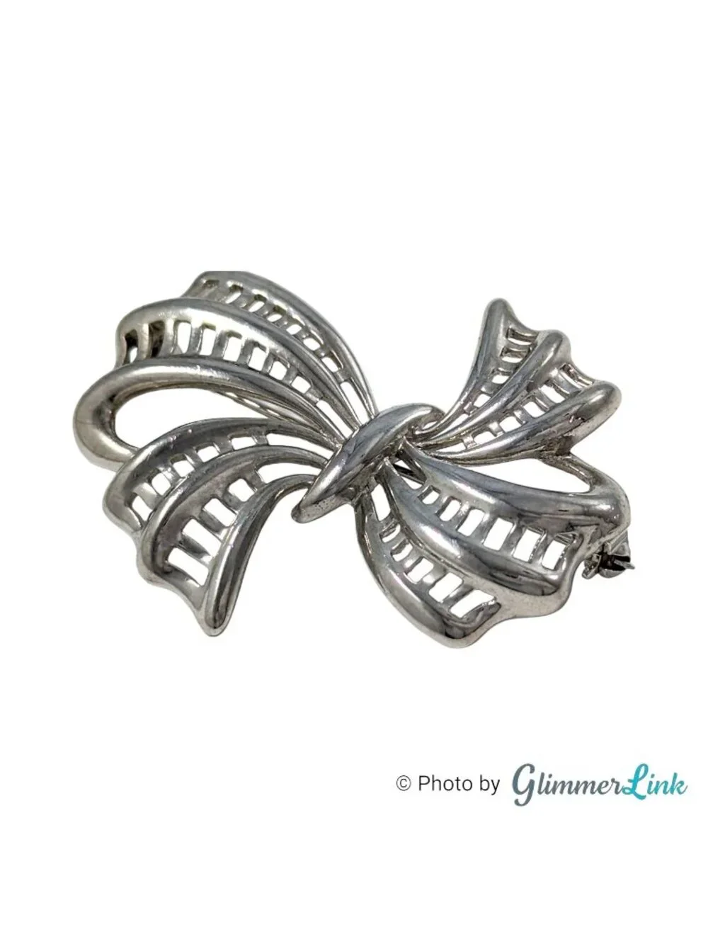 Vintage Silver Tone Openwork Ribbon Bow Brooch Pin 2 1/8 Inch